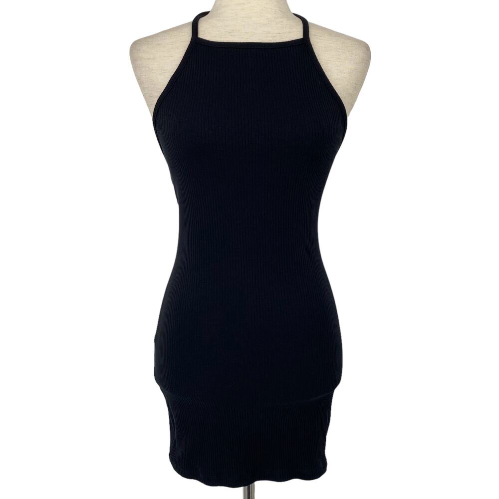 COLLUSION Black Ribbed Halter Fitted Mini Dress Size 6 Sexy Summer Y2K Casual